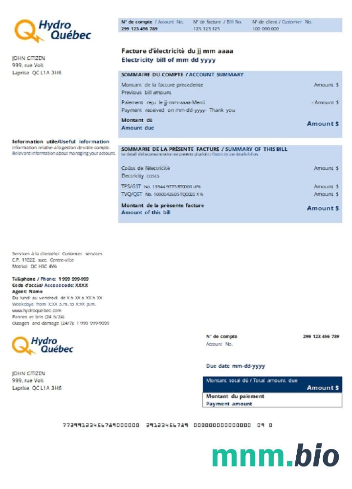 Kanada Hydro-Québec rachunek za media szablon w .doc i .format pdf